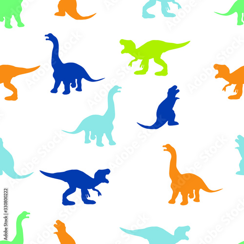 Multicolored dinosaurs on white background. Seamless pattern. Print for children. © Vitalii_ART