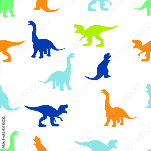 Multicolored dinosaurs on white background. Seamless pattern. Print for children.