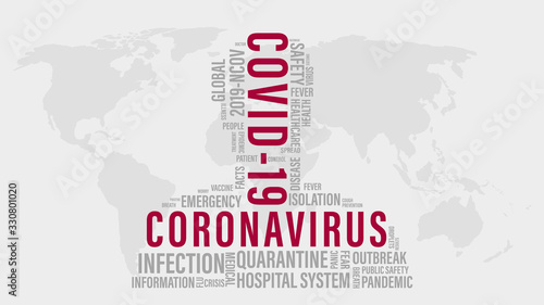 COVID 19 or Coronavirus word cloud with red COVID-19 words and grey word tag on world map background.  Abstract concept 2020 Coronavirus disease. 