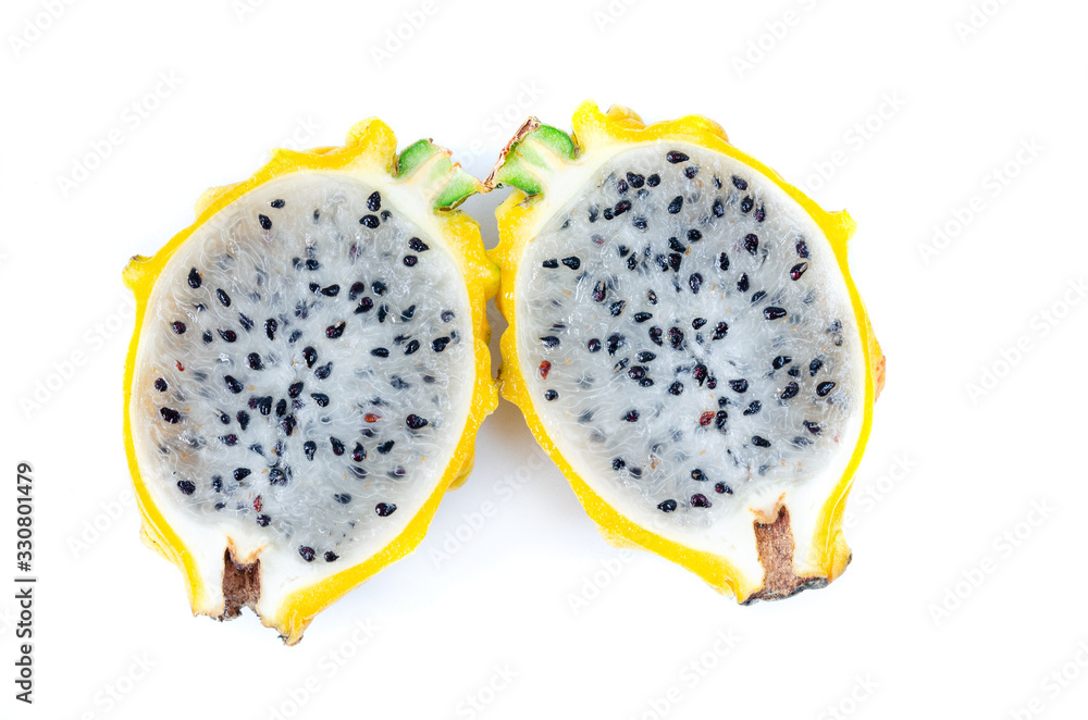 Pitahaya fruit cut in half on a white background Tropical fruit concept. Pitahaya fruit cut in half on a white background Tropical fruit concept.