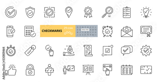 Vector checkmark icons. Set of 29 images with editable stroke. Collection with purpose, protection, agreement, telephone, calculator, mail, magnifying glass, dialogue, clock, guarantee, geolocation.