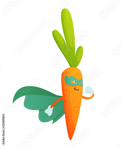 Vector vegetable cartoon character of superhero expression. Funny personage of carrot in mask. Vegetarian diet. Isolated on white background