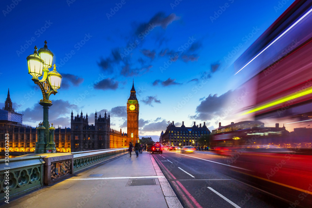 Westminster bridge with Big Ben in London at dusk, UK