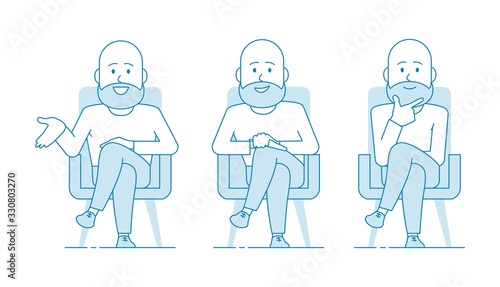 A bald man consultant or psychotherapist is sitting in a chair. Several variants. Listens attentively and gives advice or advice. Illustration in line art style. Vector