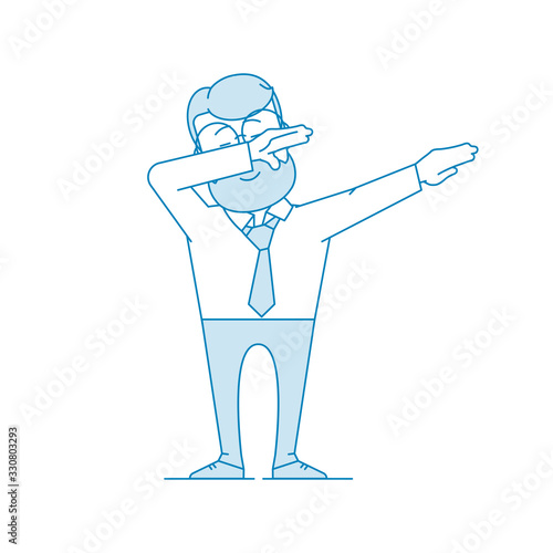Happy man doing a dub dance move. Character - a man in glasses and with beard. Office worker in a shirt with a tie. Illustration in line art style. Vector