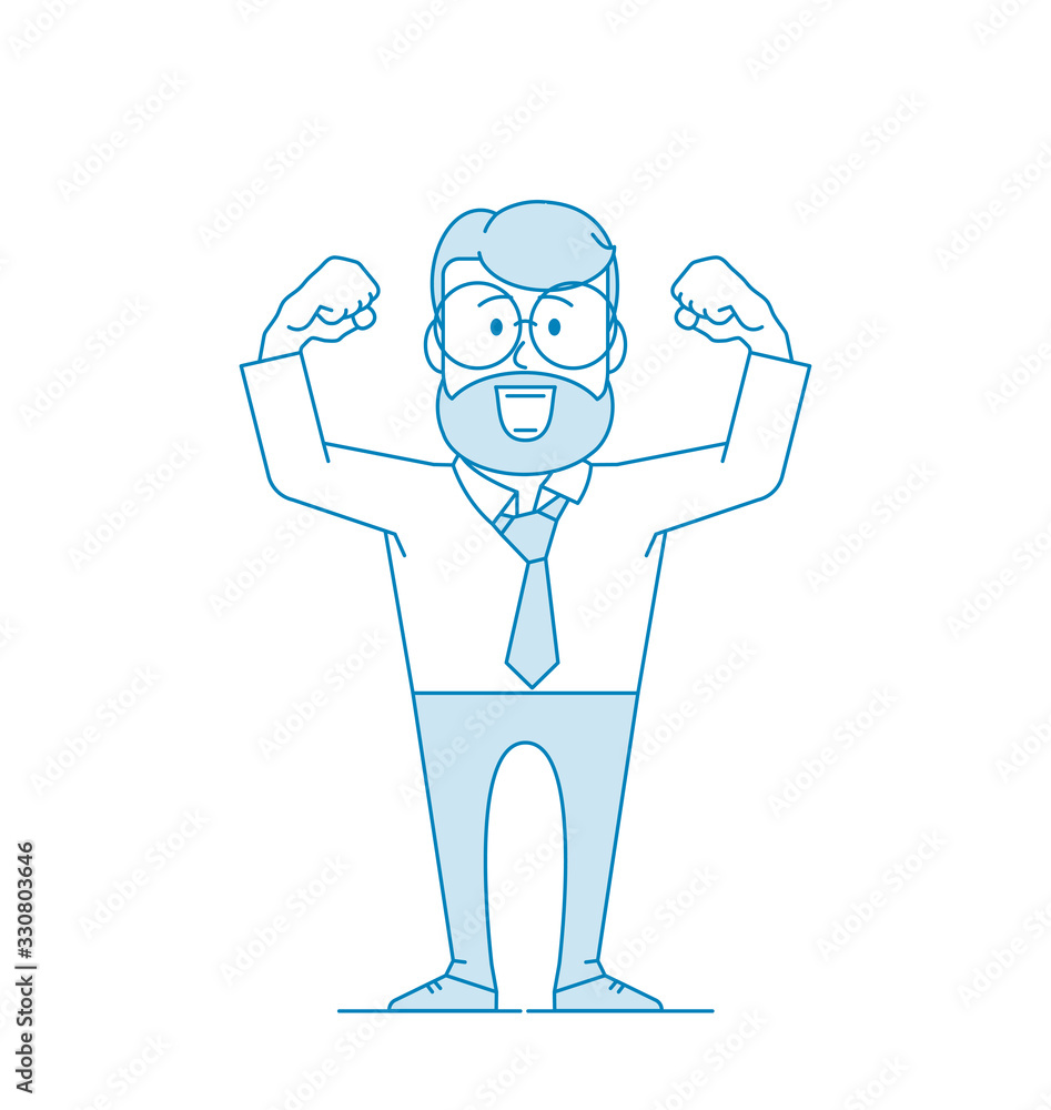A gesture of greeting or joy, a successful deal. Man joyfully raised his hands up clenched into fists. Character is a man with glasses and a beard. Illustration in line art style. Vector A gesture of greeting or joy, a successful deal. Man joyfully raised his hands up clenched into fists. Character is a man with glasses and a beard. Illustration in line art style. Vector