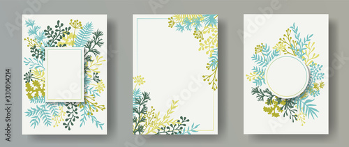 Tropical herb twigs, tree branches, flowers floral invitation cards templates. Bouquet wreath modern invitation cards with dandelion flowers, fern, lichen, olive branches, sage twigs.