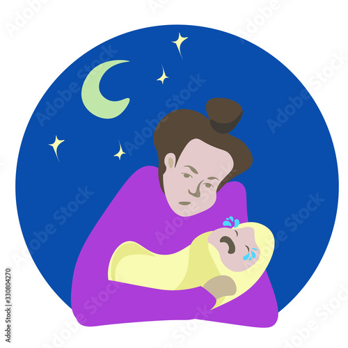 Vector illustration of a young mom puts the newborn to bed. the baby cries and does not want to sleep at night. A tired mother cradles a crying baby. colic bothers a newborn baby
