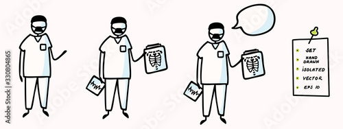 Corona virus covid 19 stickman doctor nurse explainer infographic. News broadcast speech bubble. Medical healthcare graphic clip art. Icon set in black white. Viral flu safety caution awareness.  