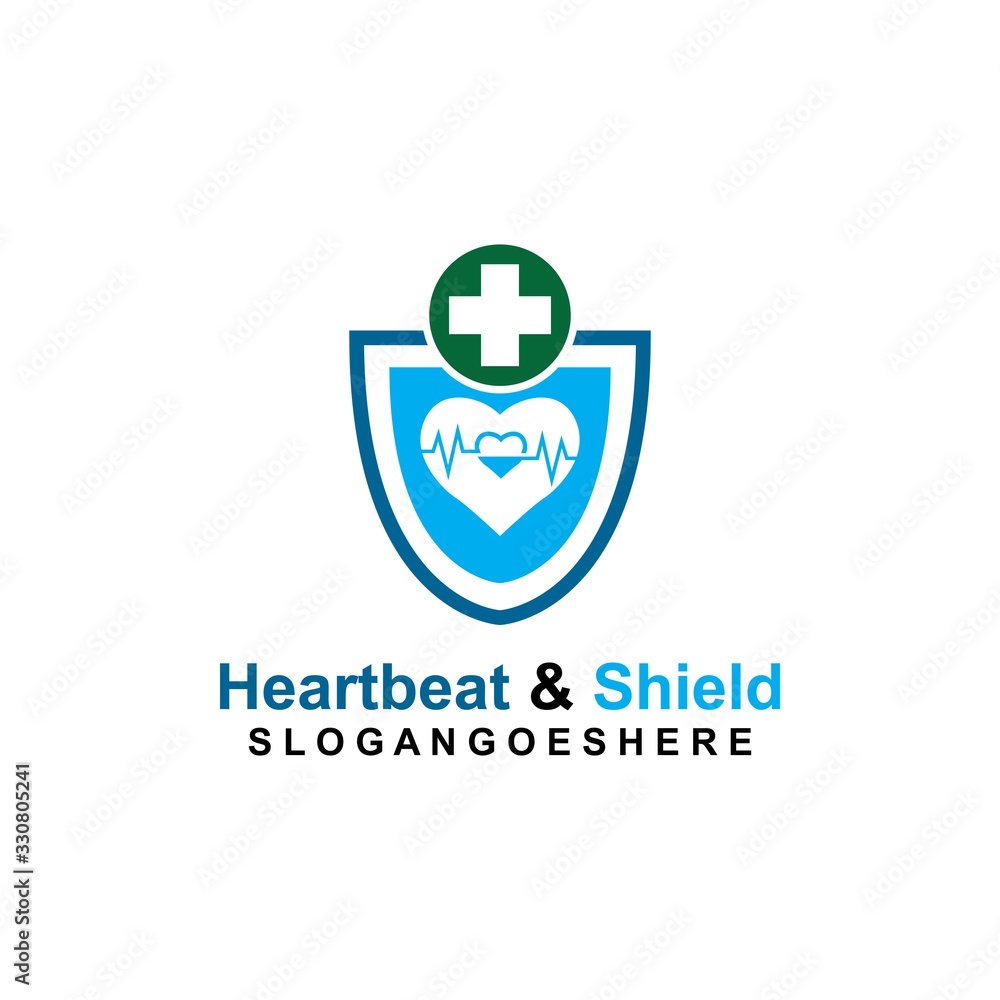 Shield, Heartbeat pulse and cross Coloured Green Logo Template Design vector for Business medical, Emblem, Design concept, Creative Symbol, Icon Shield, Heartbeat pulse and cross Coloured Green Logo Template Design vector for Business medical, Emblem, Design concept, Creative Symbol, Icon