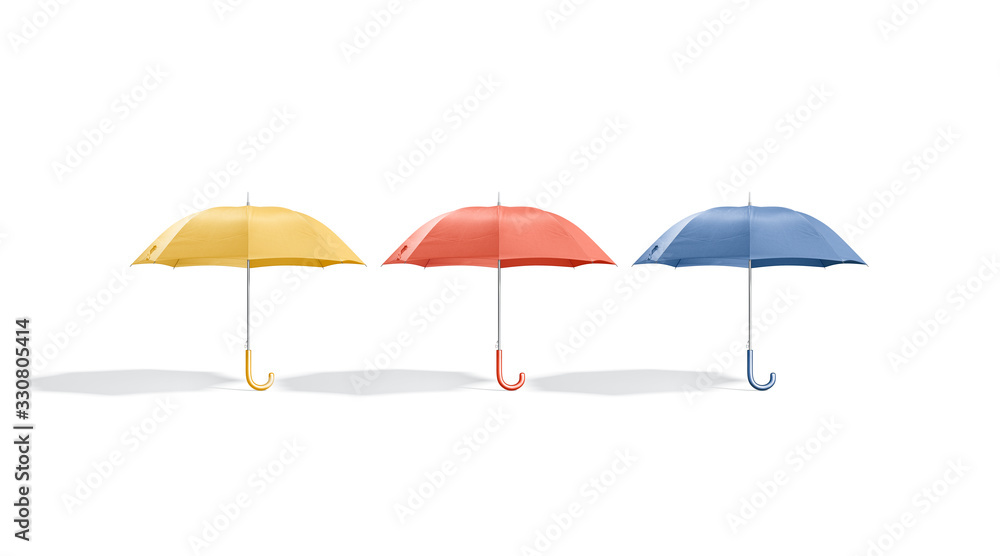 Blank colored opened umbrella mockup stand, front view
