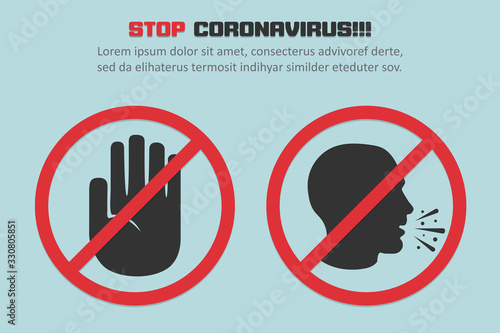 Stop coronavirus with red prohibit coughing man sign in a flat design concept background