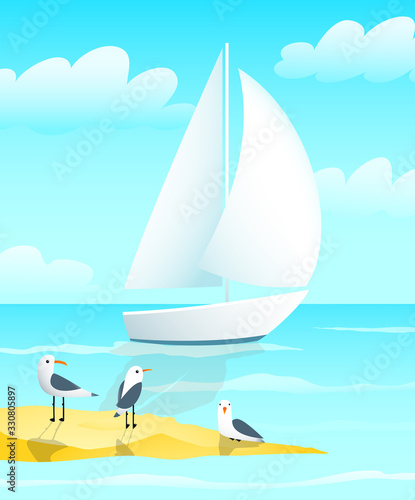 Naval Blue Nautical Colored Sailing Yacht Boat design with sea gulls and shoreside chill and salty naval art.