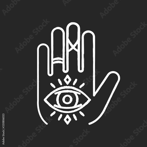 Hand and eye esoteric chalk white icon on black background. Fortune teller mystic symbol. All seeing eye magical sign. Tarot reading, palmistry talisman. Isolated vector chalkboard illustration