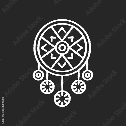 Boho style dreamcatcher chalk white icon on black background. Dream catcher with charms. Bohemian vintage accessory. Ethnic handmade home decor. Isolated vector chalkboard illustration