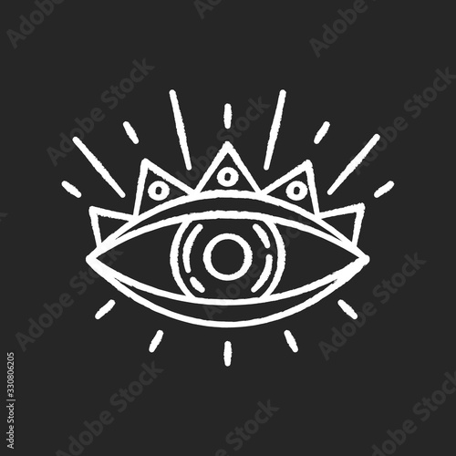 All seeing eye chalk white icon on black background. Occultism and prophecy sacred symbol. Eye of providence, mysterious talisman. Isolated vector chalkboard illustration