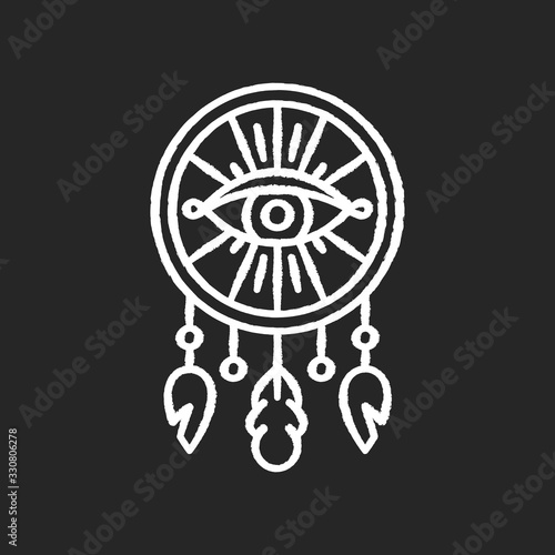 Boho style dreamcatcher with all seeing eye chalk white icon on black background. Native American mystic symbol. Dream catcher charm. Ethnic handmade decor. Isolated vector chalkboard illustration