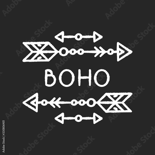 Boho aesthetic arrows chalk white icon on black background. Bohemian and hippie style accessory. Ethnic home decoration, wild and free spirit symbol. Isolated vector chalkboard illustration