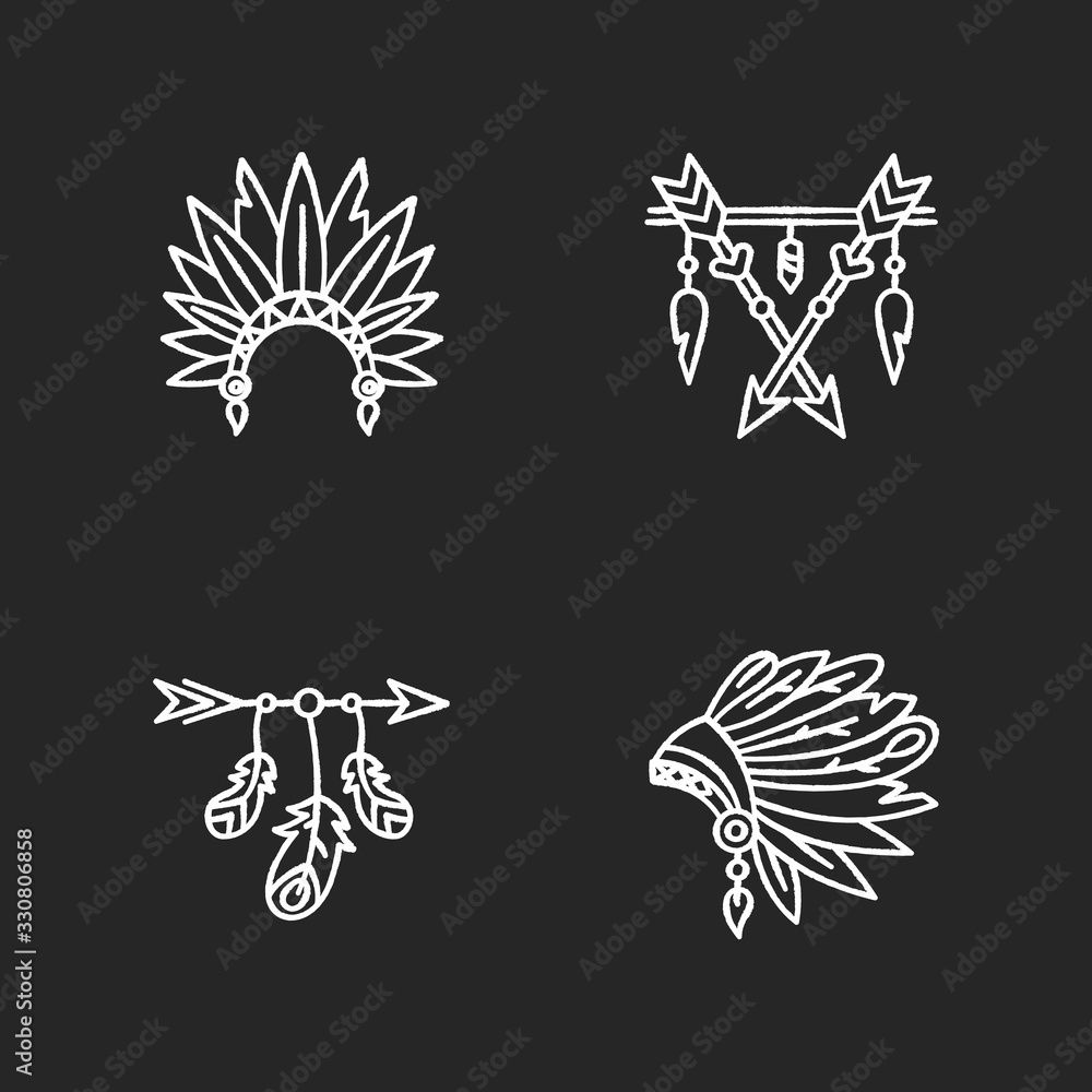 Native american indian hat and amulet chalk white icons set on black background. Boho style charm with arrows and teeth. Ethnic accessories. Isolated vector chalkboard illustrations