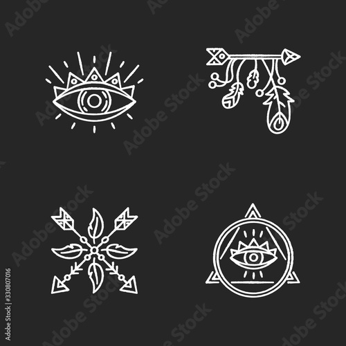 Magical symbols chalk white icons set on black background. Eye of providence, mysterious talisman. Arrow and feathers charms in boho style. Isolated vector chalkboard illustrations