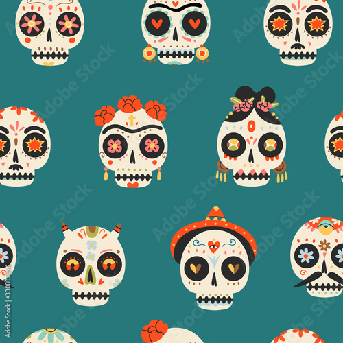 Sugar Sculls. Fancy skeleton heads. Various ornaments. Hand Drawn Vector illustration. Mexican Day of the Dead. Dia de los muertos. Halloween decoration. Seamless pattern
