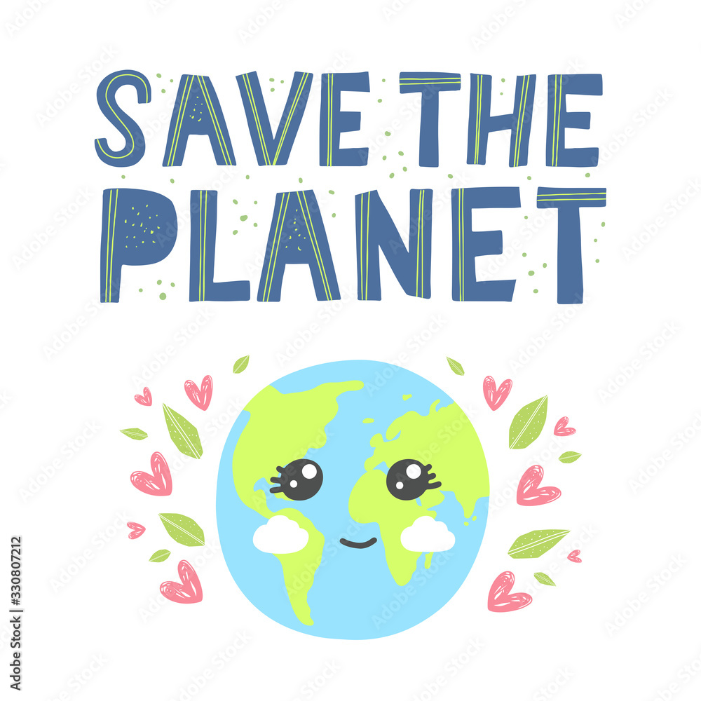 Happy earth day greeting card. Cartoon cute earth with happy   the planet hand drawn lettering in modern paper cut style. Earth  day kids concept. Stock Vector | Adobe Stock