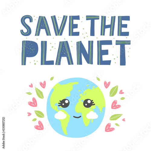 Happy earth day greeting card. Cartoon cute earth with happy expression.Save the planet hand drawn lettering in modern paper cut style. Earth day kids concept.