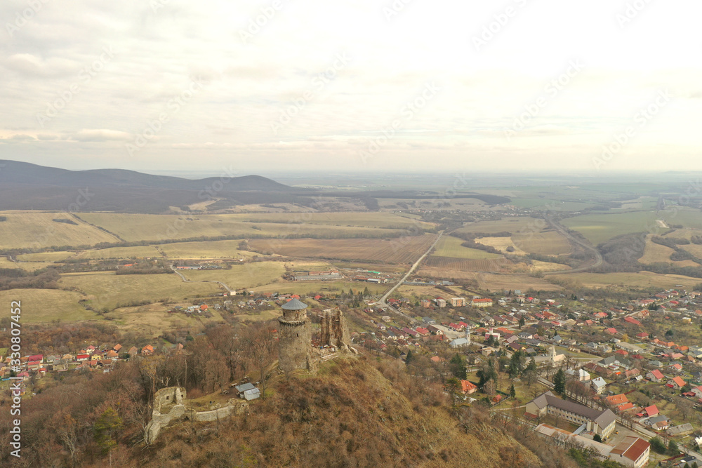 Aerial view of the castle in the village Slanec in Slovakia