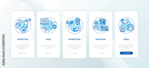 Increasing user satisfaction onboarding mobile app page screen with concepts. Selling and upselling walkthrough 5 steps graphic instructions. UI vector template with RGB color illustrations
