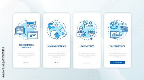 Consumption and leads metrics onboarding mobile app page screen with concepts. SMM strategy efficiency stats walkthrough 5 steps graphic instructions. UI vector template with RGB color illustrations