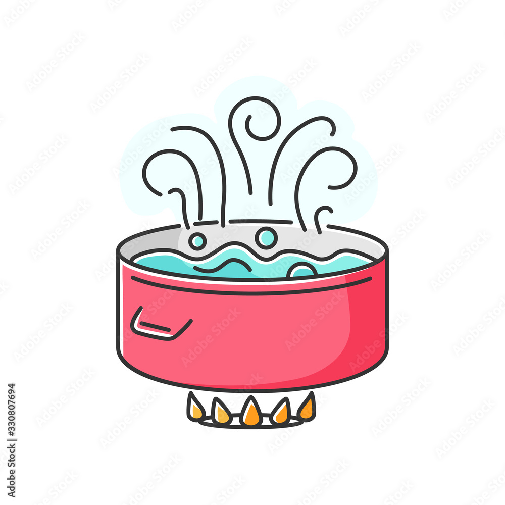 Boiling RGB color icon. Food preparation method, culinary technique, simmering, poaching. Cooking pot, pan with water on oven fire isolated vector illustration Boiling RGB color icon. Food preparation method, culinary technique, simmering, poaching. Cooking pot, pan with water on oven fire isolated vector illustration