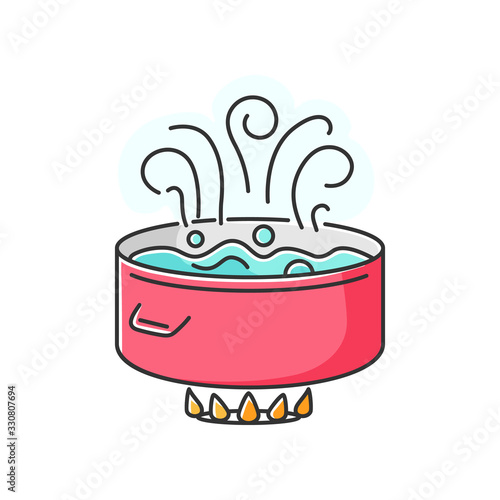 Boiling RGB color icon. Food preparation method, culinary technique, simmering, poaching. Cooking pot, pan with water on oven fire isolated vector illustration