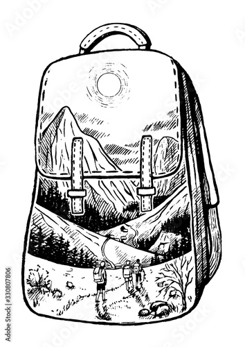 Hand drawn vector illustration. Beautiful landscape in backpack. Hiking and travel concept. Outline element isolated on white. Retro engraving. Design for banner, print, postcard, t-shirt, typography.