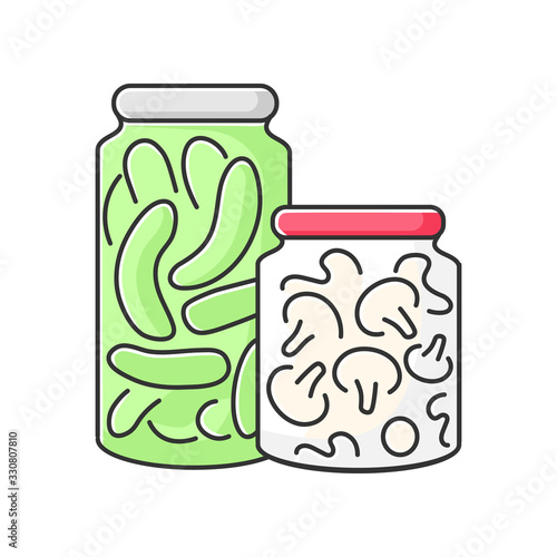 Pickling RGB color icon. Food conservation, vegetables preservation. Raw veggies fermentation in brine. Canned cucumbers and mushrooms isolated vector illustration