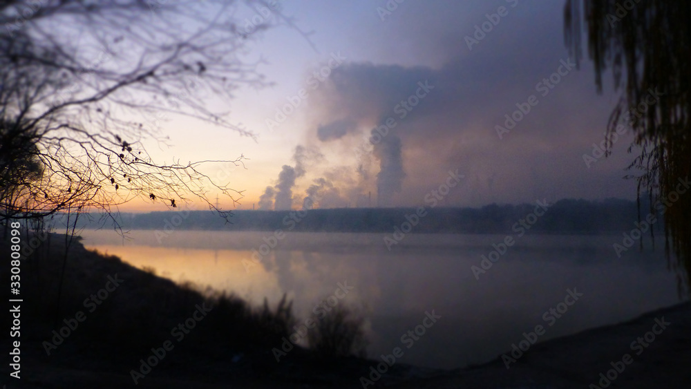 Metallurgical factory background. Harmful substances. Poisoned air.