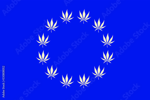 Vector illustration. EU flag with cannabis leaves. Legalization. Marijuana.