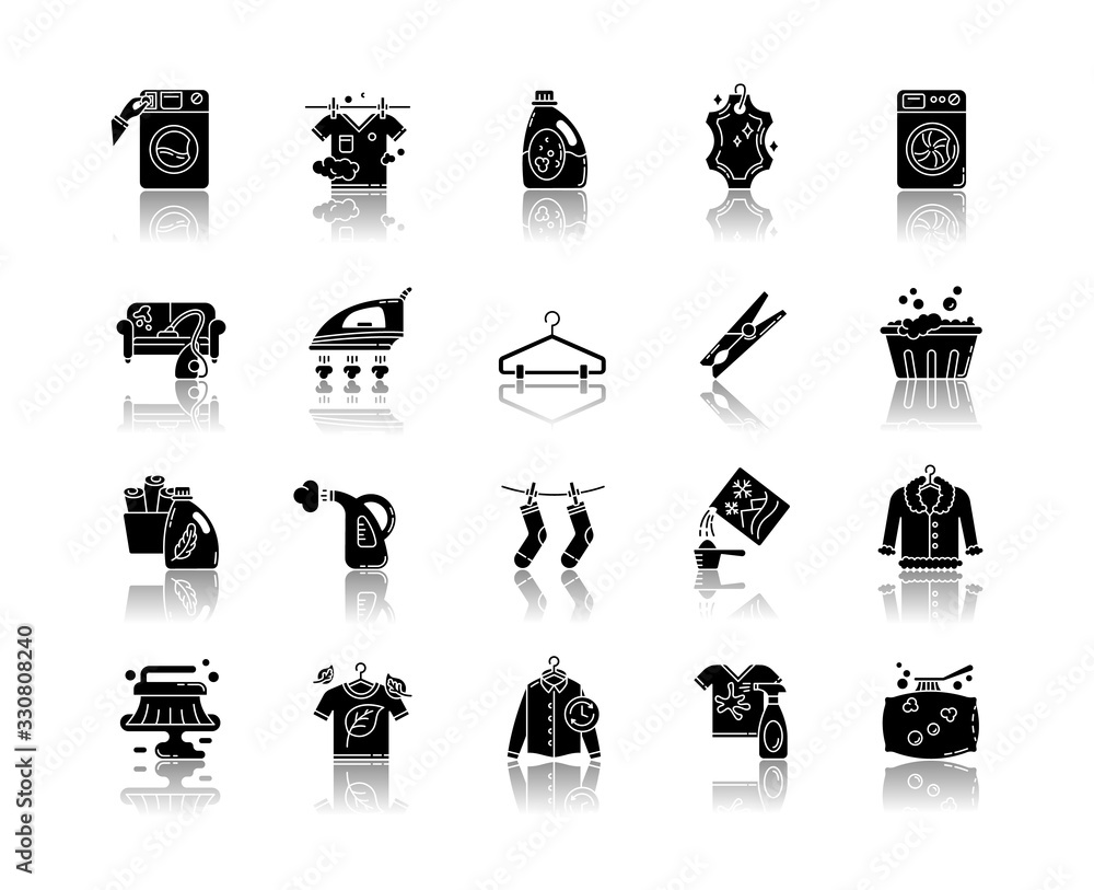 Laundry types and equipment drop shadow black glyph icons set ...