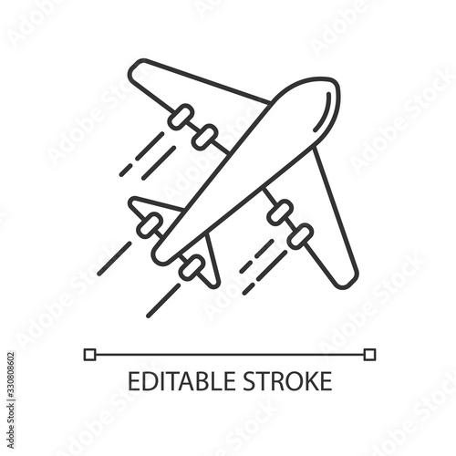 Airplane pixel perfect linear icon. Flight with airlines. Take airliner to destination. Thin line customizable illustration. Contour symbol. Vector isolated outline drawing. Editable stroke