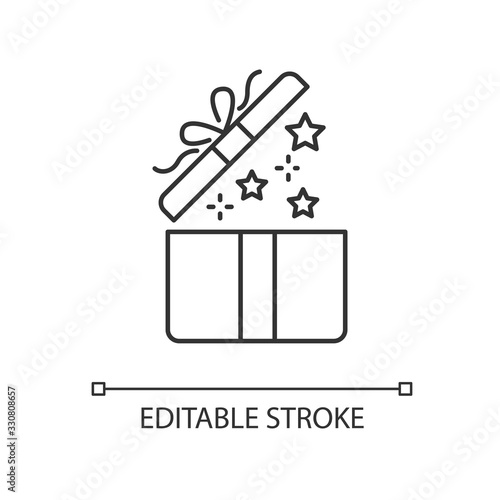 Gift pixel perfect linear icon. Open present. Surprise in box. Celebrate birthday. Give away. Thin line customizable illustration. Contour symbol. Vector isolated outline drawing. Editable stroke