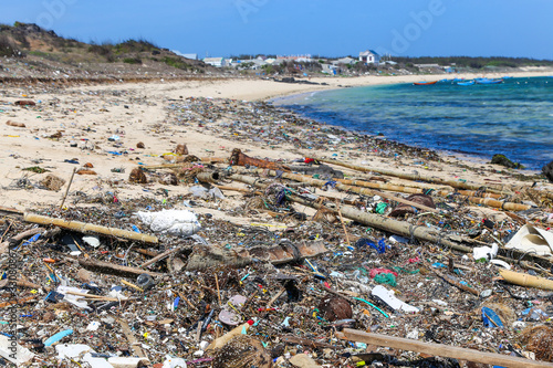 A huge amount of plastic trash thrown onto an Asian beach