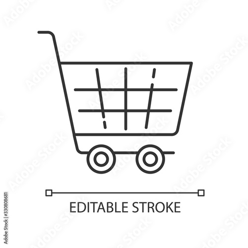 Shopping cart pixel perfect linear icon. Supermarket trolley. Online shop purchase. Thin line customizable illustration. Contour symbol. Vector isolated outline drawing. Editable stroke