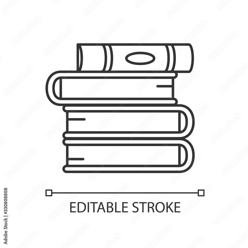 Book pile pixel perfect linear icon. Stack of hardcover textbooks. Self education and knowledge. Thin line customizable illustration. Contour symbol. Vector isolated outline drawing. Editable stroke Book pile pixel perfect linear icon. Stack of hardcover textbooks. Self education and knowledge. Thin line customizable illustration. Contour symbol. Vector isolated outline drawing. Editable stroke