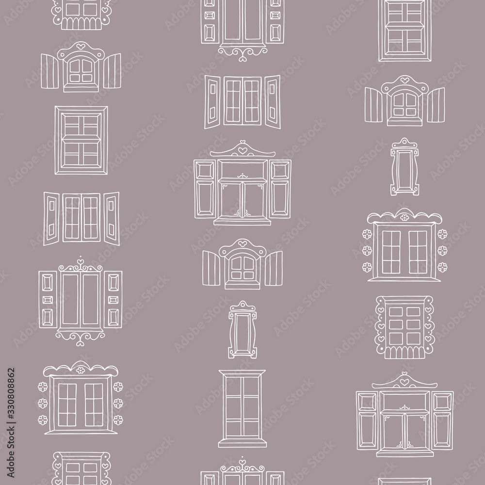 Vector Hand Drawn Old Town Windows on Cocoa Brown seamless pattern background.
