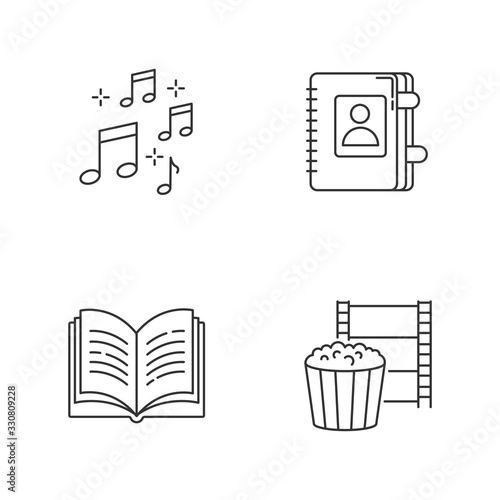 Recreation pixel perfect linear icons set. Musical notation. Write in notebook. Leisure activities. Customizable thin line contour symbols. Isolated vector outline illustrations. Editable strokes