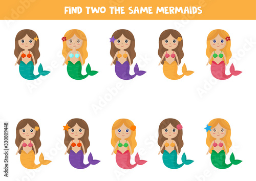 Find two identical mermaids. Educational game for kids.