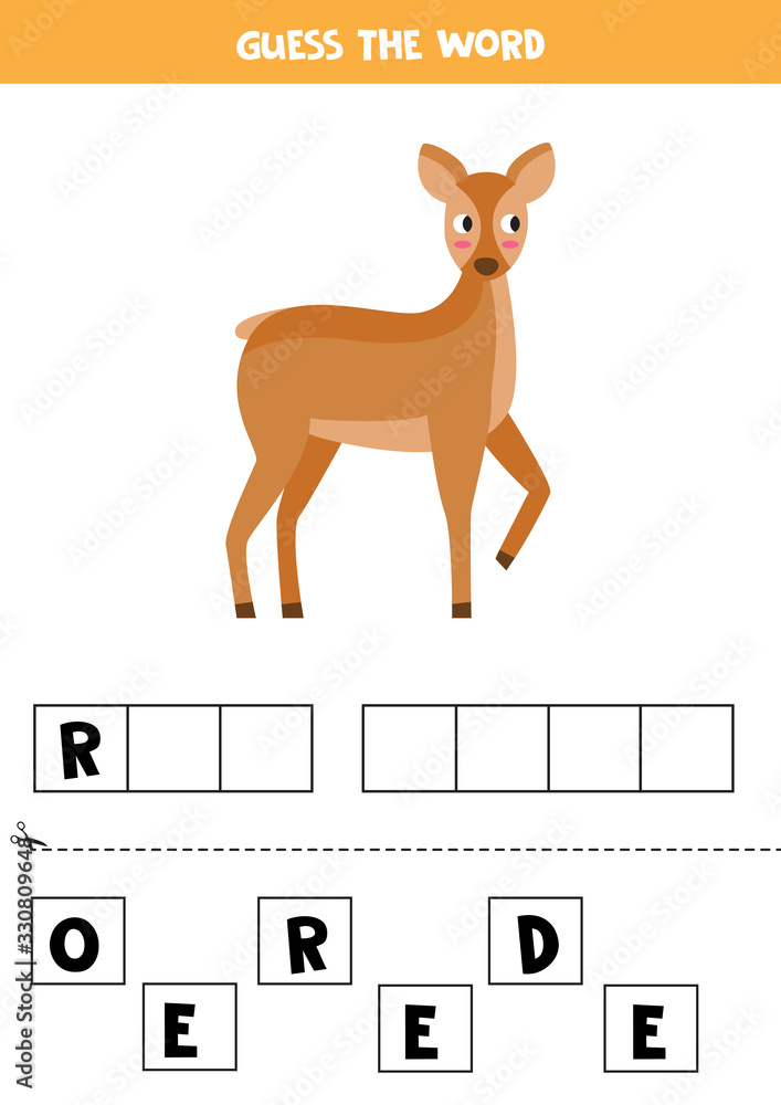 Obraz premium Spelling game for children. Cute cartoon roe deer.