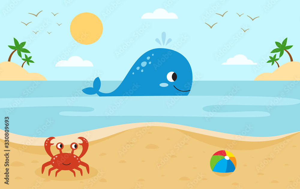 Large whale in the sea. Red crab on the beach. Sea landscape.