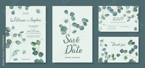 Wedding invitation card template. Floral design with branches of Silver dollar eucalyptus. Vector illustration in mint, green, blue tones