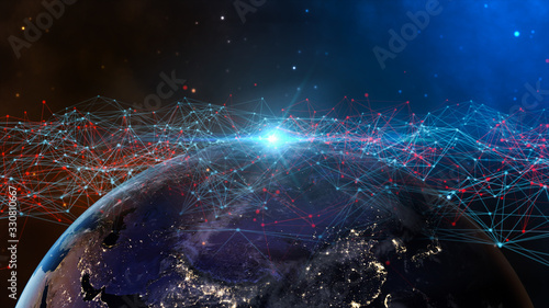 Concept of communication network technology for internet business. World of global network and telecommunication on earth cryptocurrency,IoT and blockchain. Elements of this image furnished by NASA. photo