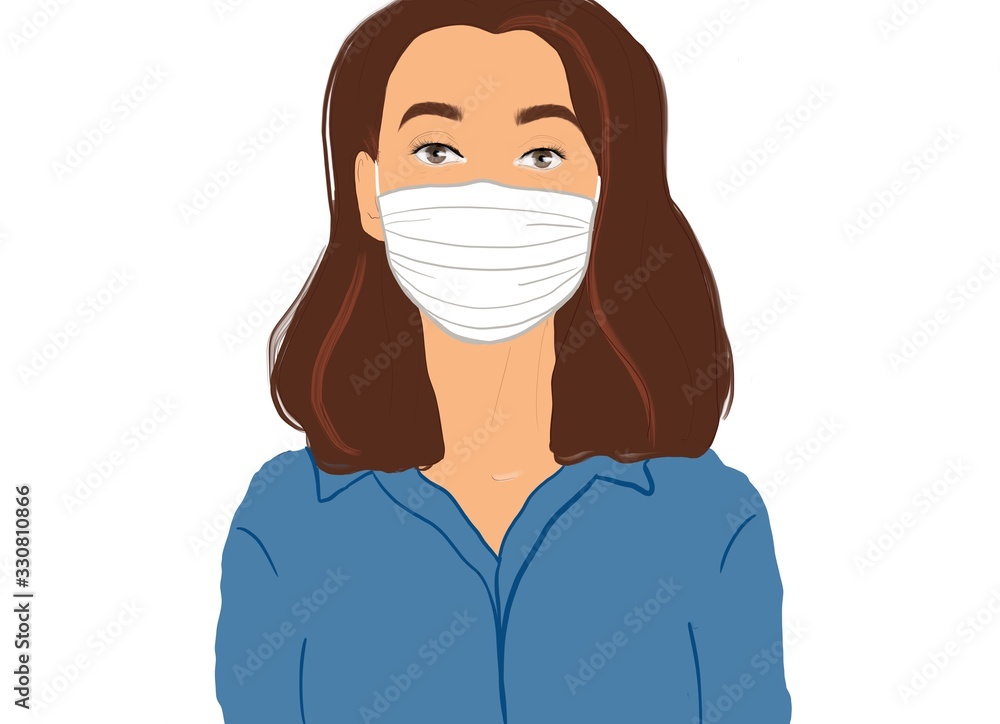 Illustration of a young woman wearing medical facial mask. Concept of protection from Virus or air pollution. Coronavirus, 2019-ncov Illustration of a young woman wearing medical facial mask. Concept of protection from Virus or air pollution. Coronavirus, 2019-ncov
